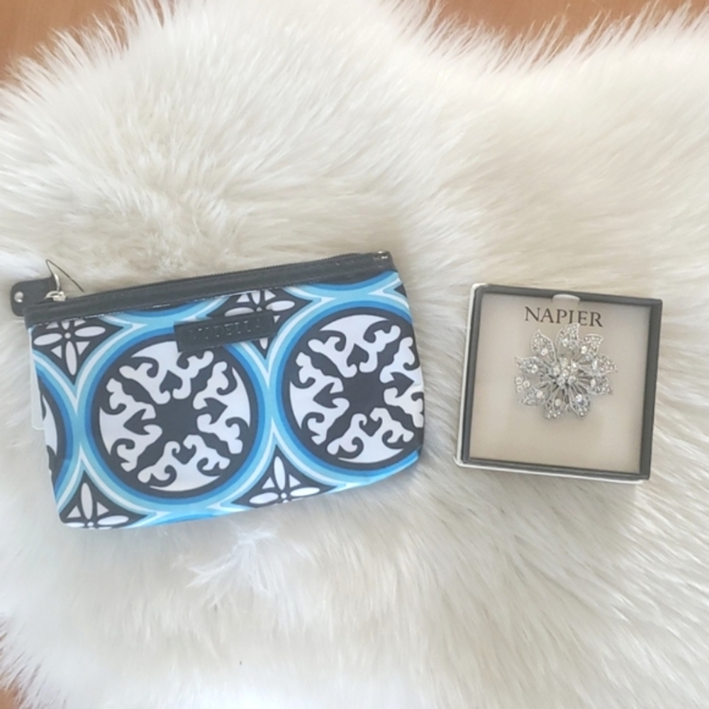 NEW Napier silver rhinestone pin and cosmetic pouch